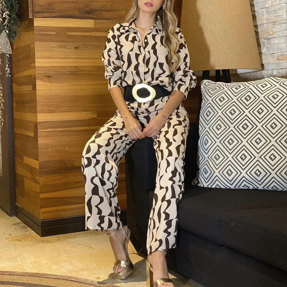 Forever 21 Chic Printed Collared Long-Sleeve Shirt High-Waist Straight Pants Set